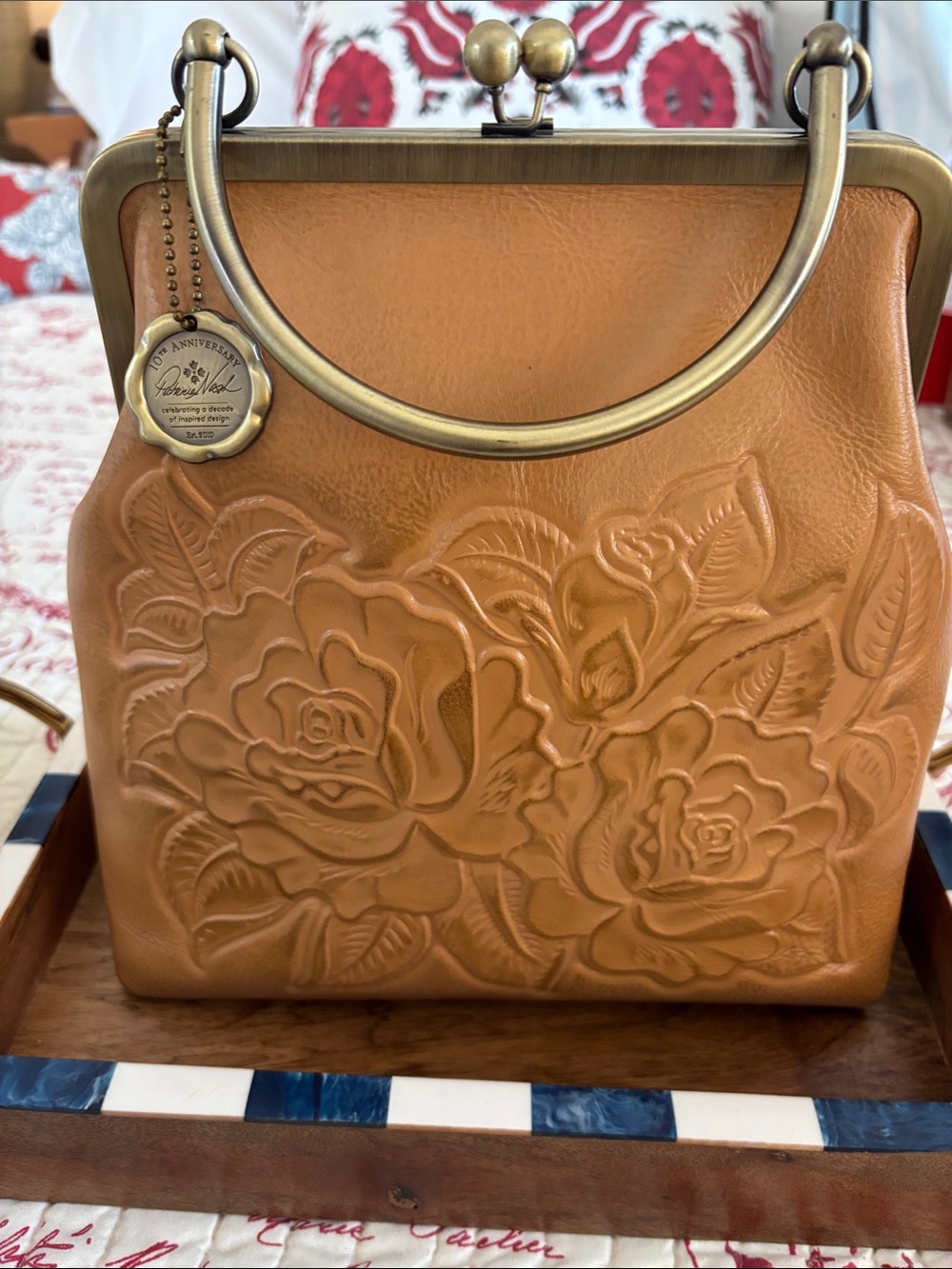 Patricia Nash Novelle Rose Embossed Leather Frame-Top Satchel - Tan
